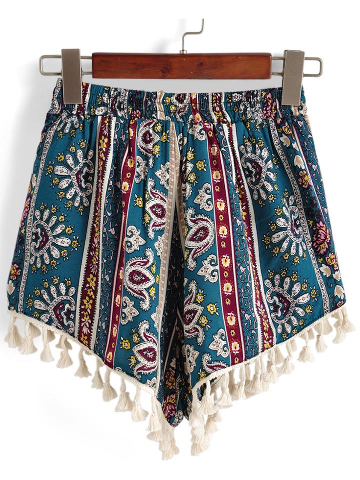 Romwe Elastic Waist Tribal Print Tassel Green Shorts