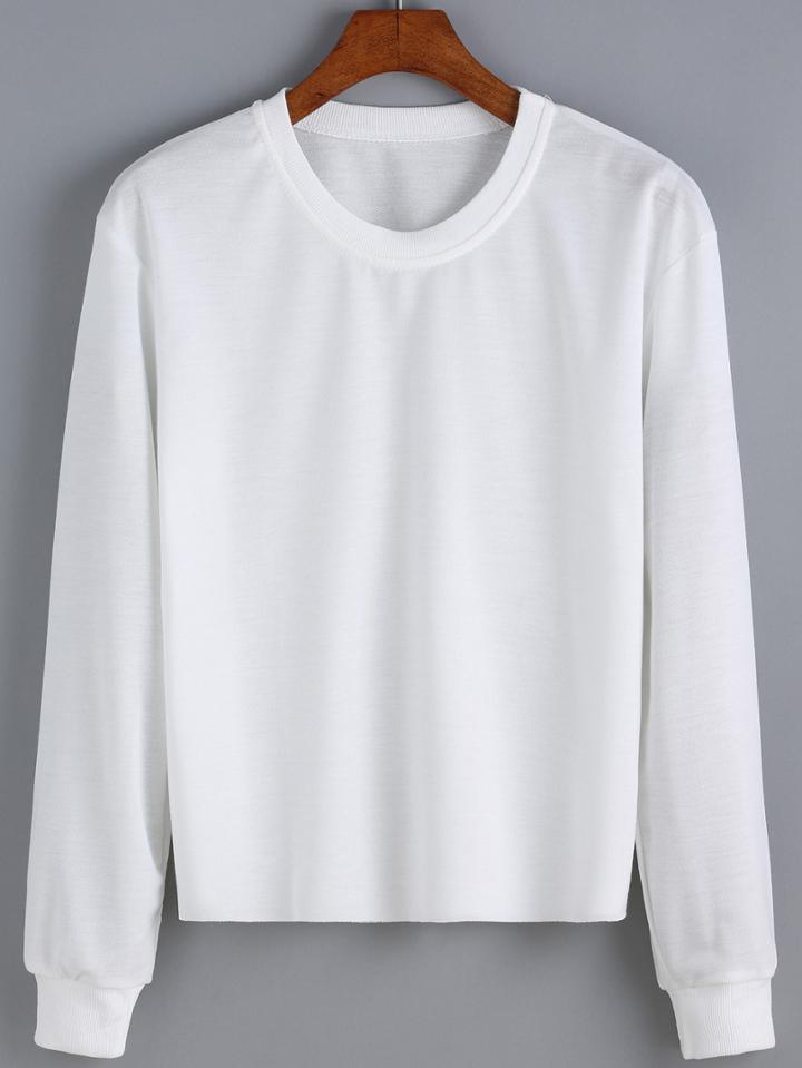 Romwe Round Neck Long Sleeve White Sweatshirt