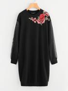 Romwe Embroidered Flower Patch Mesh Sleeve Long Sweatshirt