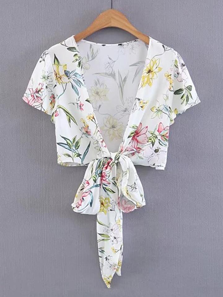 Romwe Floral Print Knot Front Crop Top