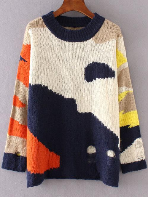 Romwe Color Block Ripped Drop Shoulder Sweater