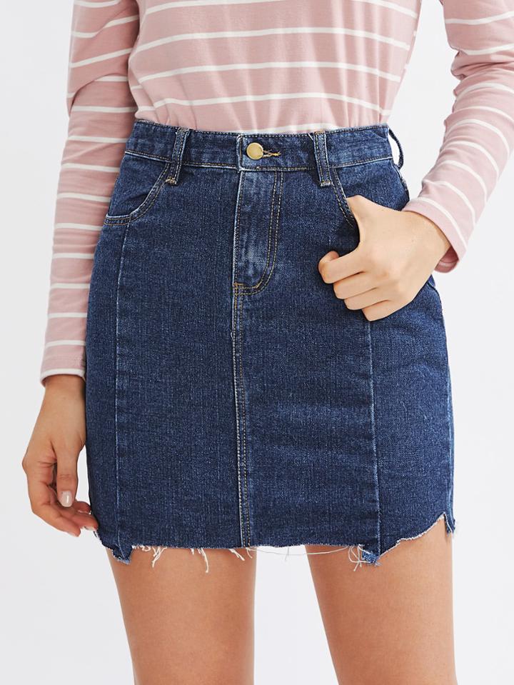Romwe Raw Cut Hem Denim Skirt