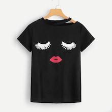 Romwe Eyelash & Lip Print Cut Out Tee