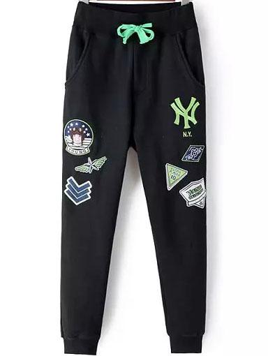 Romwe Elastic Waist Embroidered Patch Pant