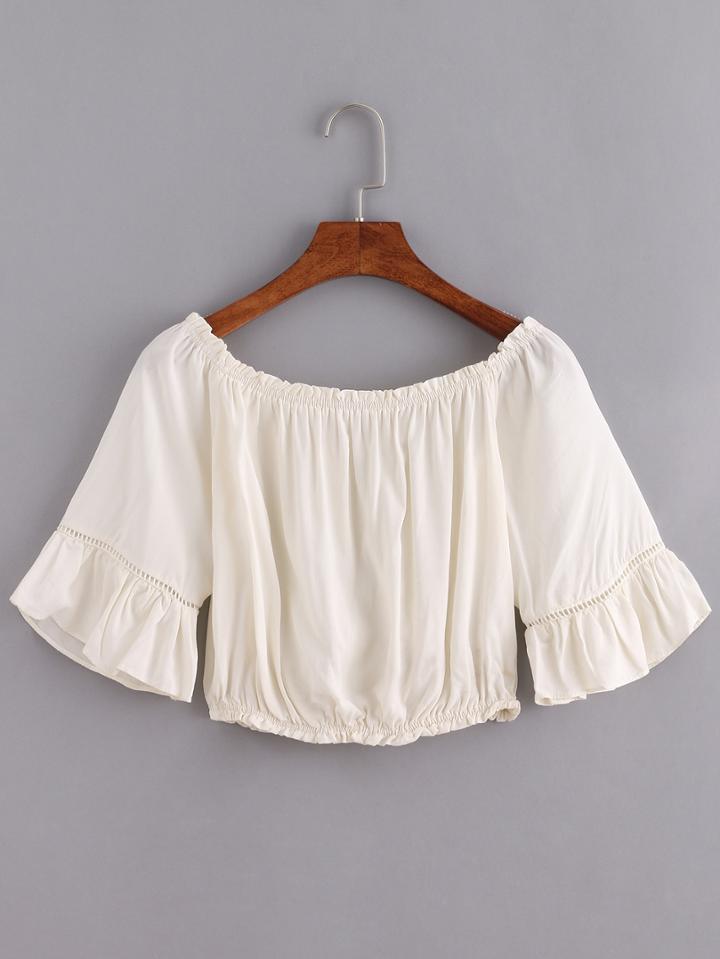 Romwe Off-the-shoulder Ruffled Sleeve Crop Top - Beige