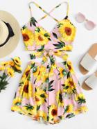 Romwe Floral Print Knot Cami Top And Short Co-ord