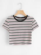 Romwe Contrast Tape Striped Print Ribbed Tee