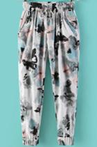 Romwe Elastic Waist With Pockets Ink Butterfly Print Pant