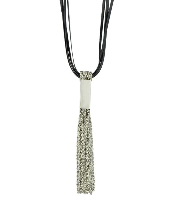 Romwe Black Pu Leather Chain Silver Plated Tassel Long Necklace