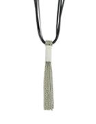Romwe Black Pu Leather Chain Silver Plated Tassel Long Necklace