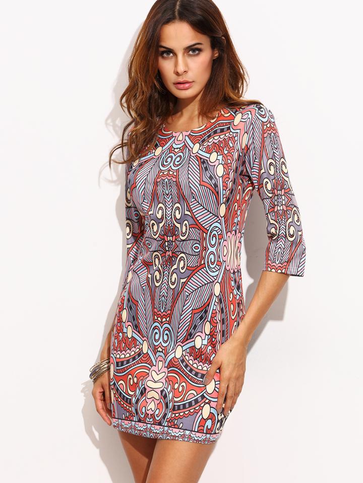 Romwe Multicolor Ornate Print Sheath Dress