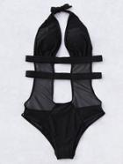 Romwe Mesh Detail Plunging Neck Cutout Monokini