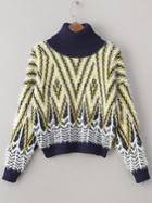 Romwe Yellow Graphic Pattern Turtleneck Mohair Sweater