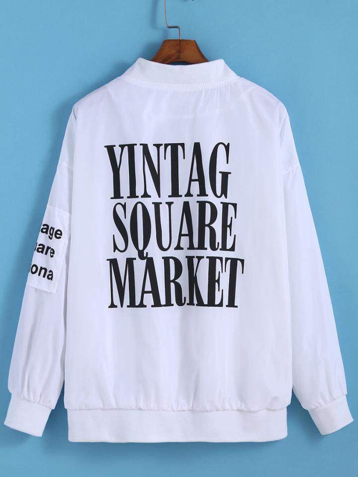 Romwe Letter Print Zipper Coat