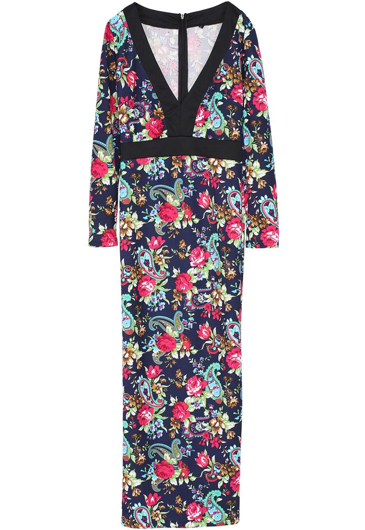 Romwe Floral Print Blue Maxi Dress
