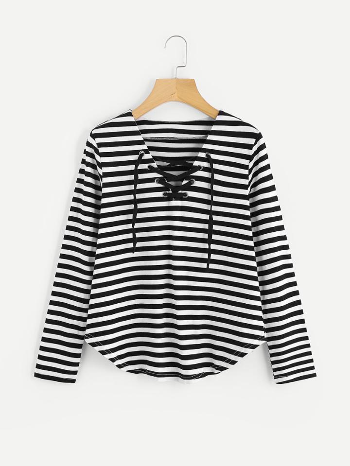 Romwe Eyelet Lace Up Curved Hem Striped Tee