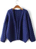 Romwe Navy Open Front Cable Knit Loose Sweater Coat