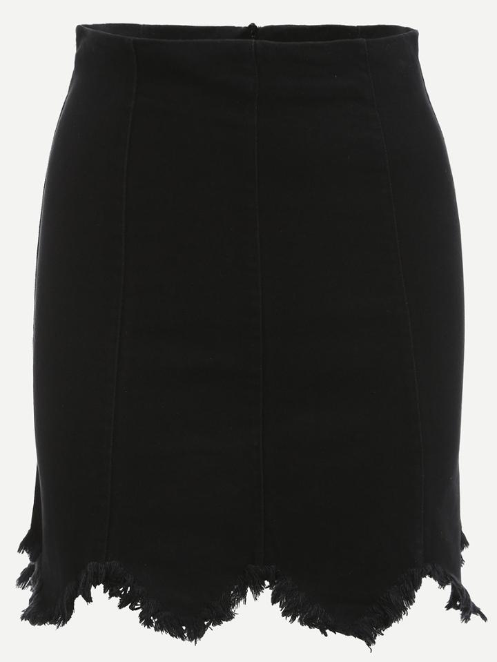 Romwe Black Scallop Raw Hem Denim Skirt