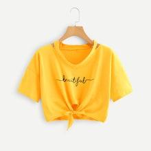 Romwe Letter Print Ripped Neck Knot Tee