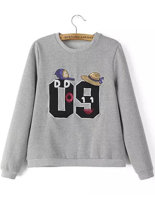 Romwe Number Pattern Sequined Grey Sweatshirt