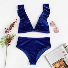 Romwe V-plunge Ruffle Velvet Top With High Waist Bikini