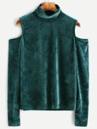 Romwe Green Velvet High Neck Open Shoulder T-shirt