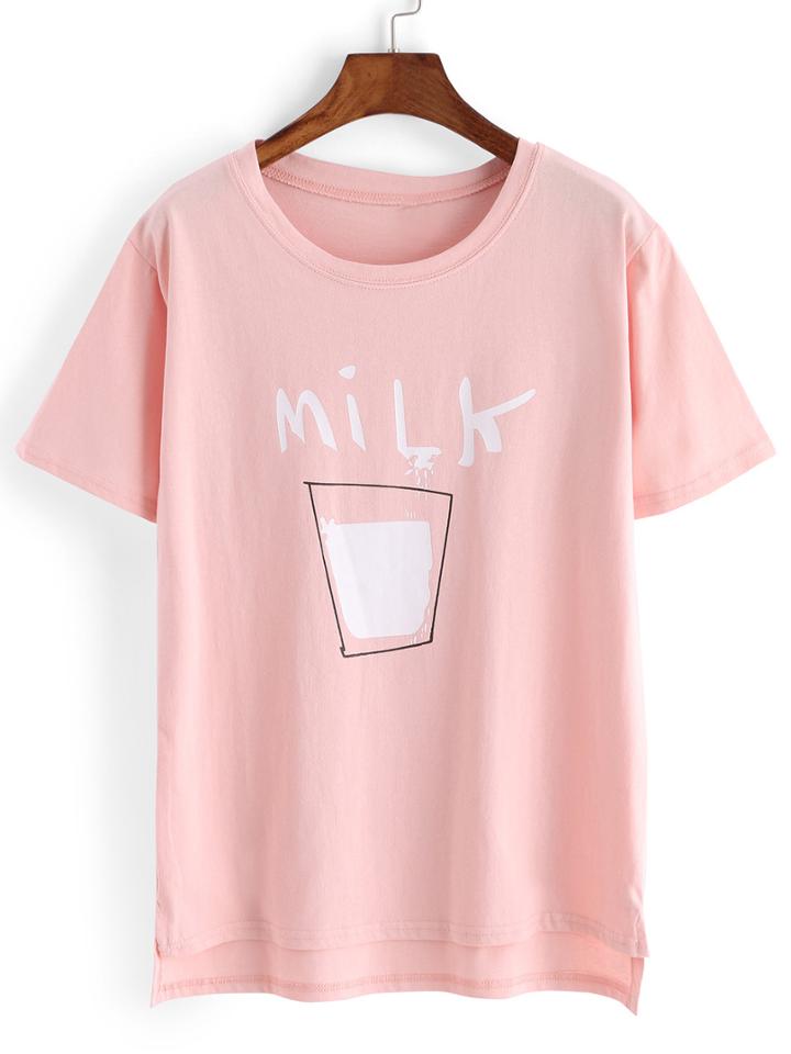 Romwe Pink Crew Neck Milk Print T-shirt