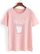 Romwe Pink Crew Neck Milk Print T-shirt