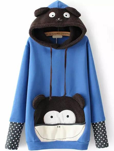 Romwe Hooded Bear Pattern Polka Dot Blue Sweatshirt