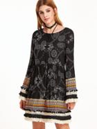 Romwe Black Vintage Print Fringe And Pom Pom Trim A Line Dress