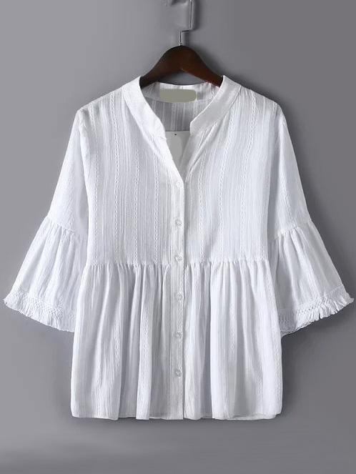 Romwe V Neck Bell Sleeve Button-down Top