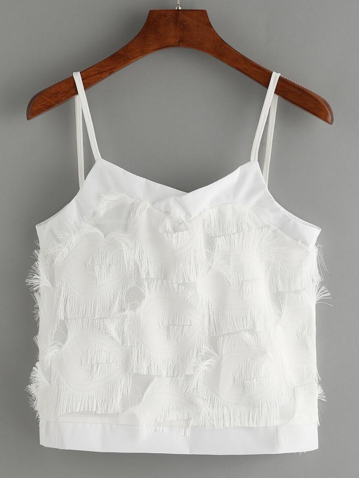 Romwe Fringe Applique Chiffon Cami Top - White