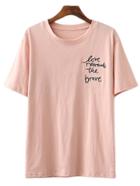 Romwe Pink Short Sleeve Letters Embroidery Casual T-shirt