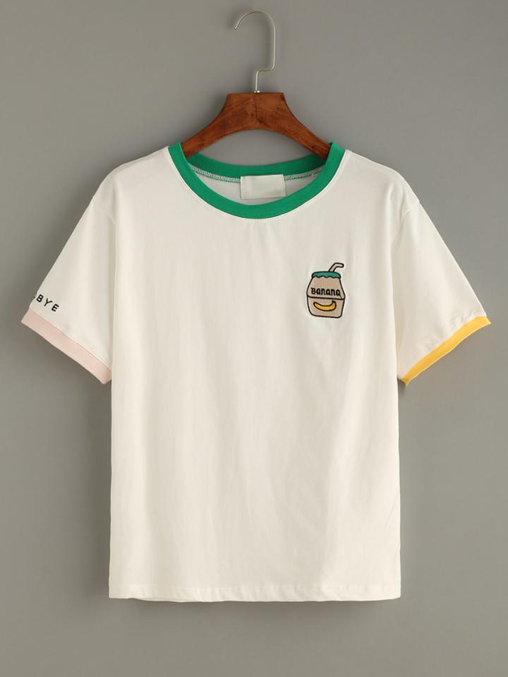 Romwe White Contrast Trim Embroidered T-shirt
