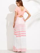 Romwe Pink Striped Scoop Neck Cut Out Dress