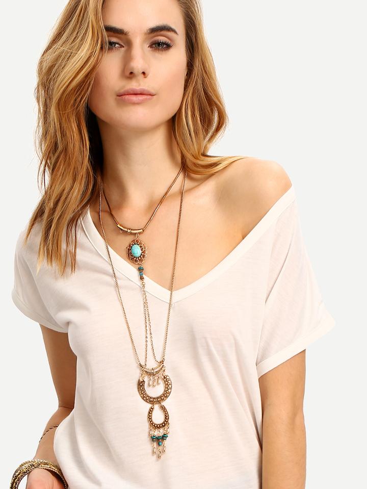 Romwe Ancient Gold Layered U-shaped Turquoise Pendant Necklace