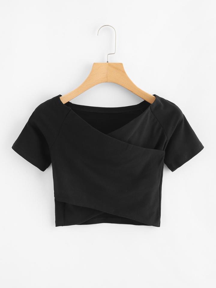 Romwe Raglan Sleeve Asymmetrical Hem Crop Tee