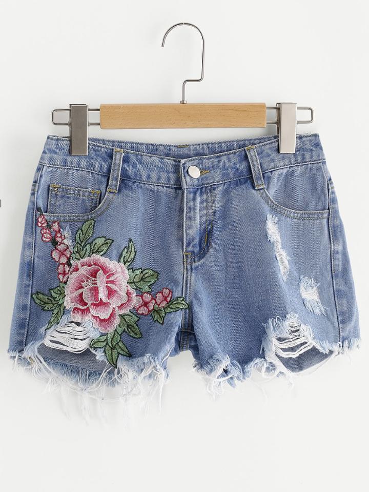Romwe Flower Embroidered Destroyed Denim Shorts