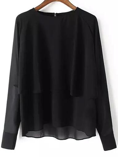 Romwe High Low Double Layers Chiffon Black Blouse