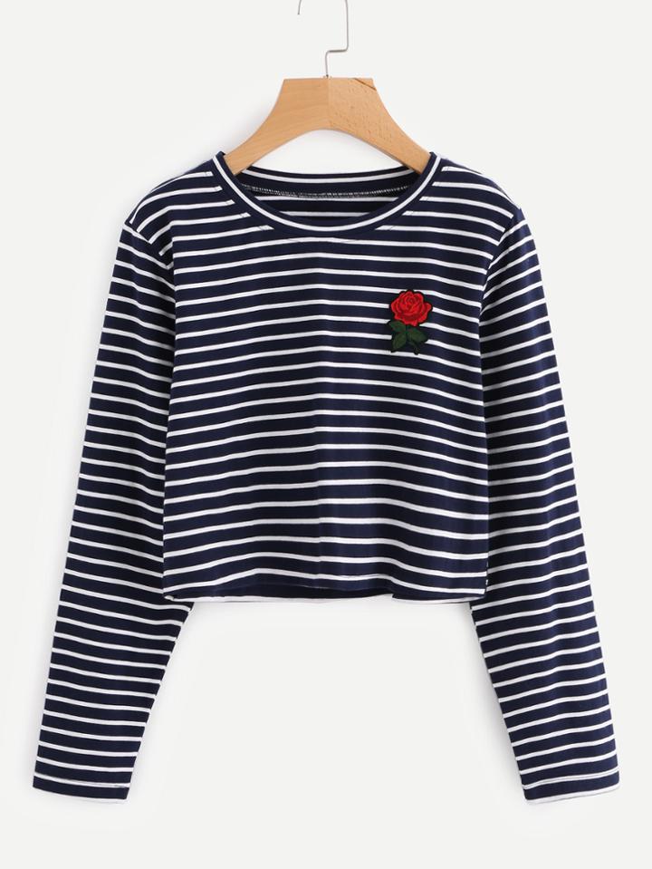 Romwe Rose Embroidered Applique Striped Crop Tee