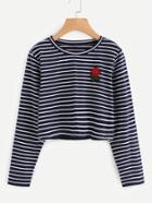 Romwe Rose Embroidered Applique Striped Crop Tee