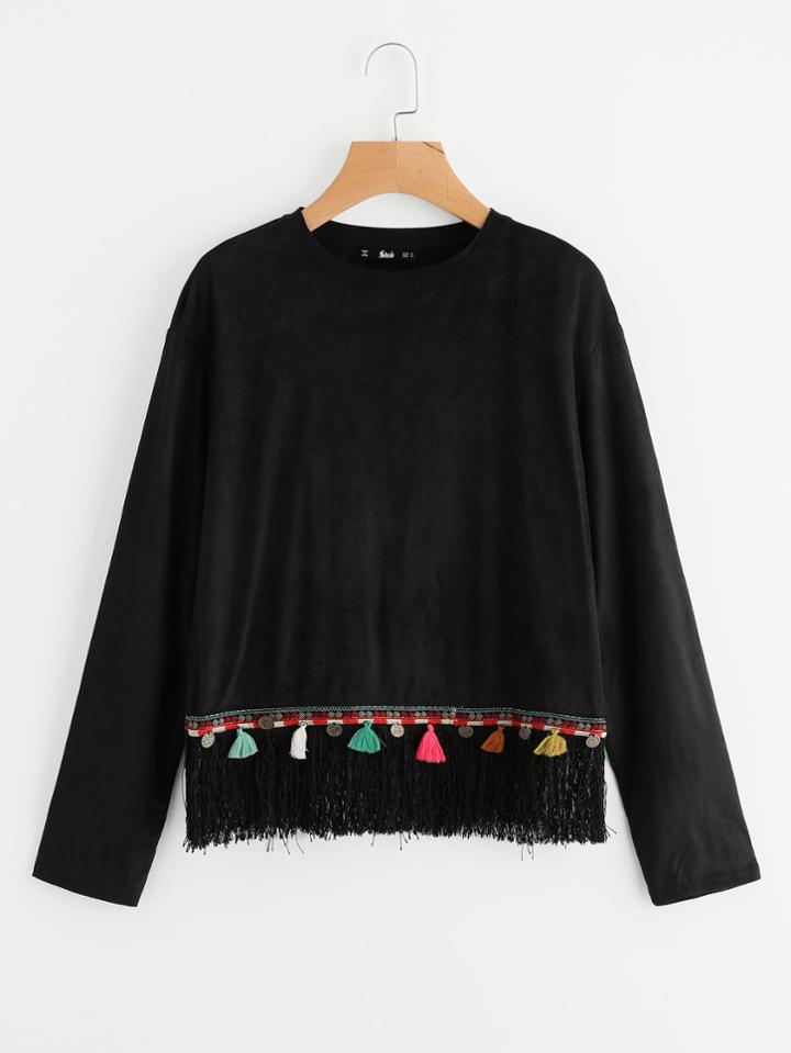 Romwe Embroidered Coin Fringe Hem Top