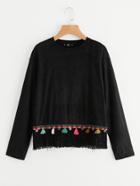 Romwe Embroidered Coin Fringe Hem Top
