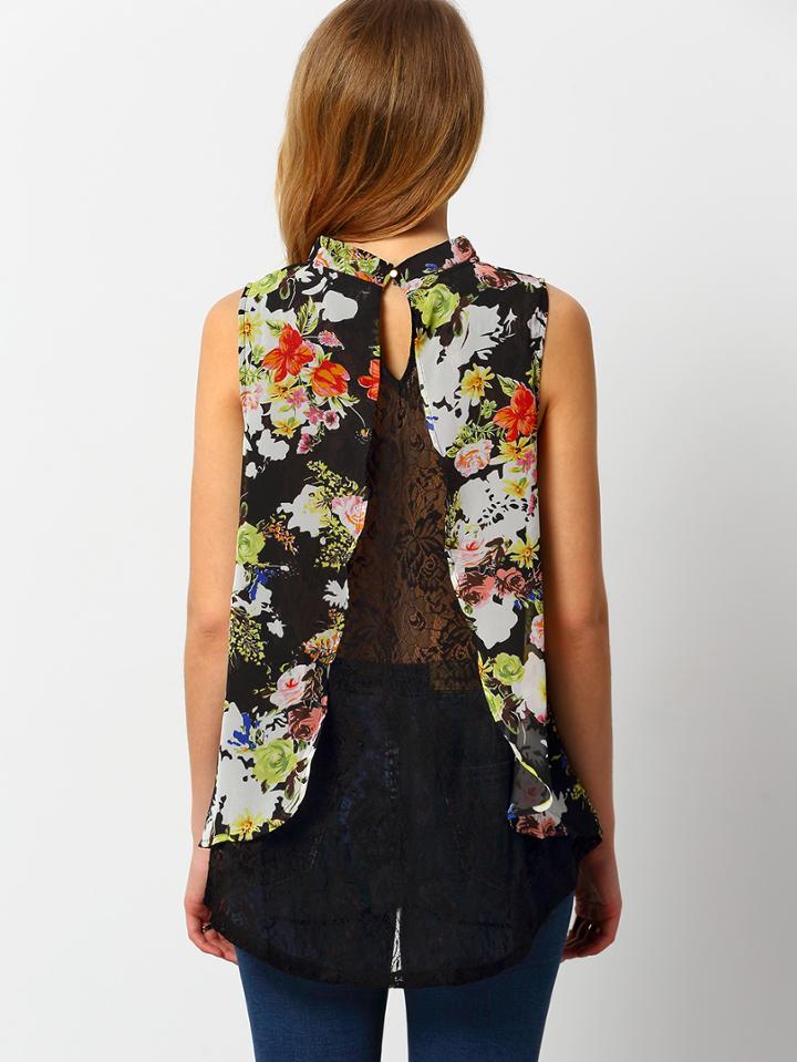 Romwe Lace Insert Florals Keyhole Black Tank Top