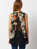 Romwe Lace Insert Florals Keyhole Black Tank Top