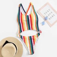 Romwe Striped Colorblock Cut-out Criss Cross Monokini