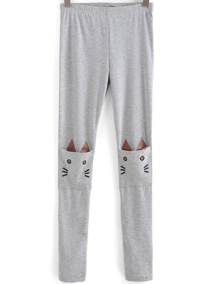 Romwe Grey Slim Cat Print Pockets Leggings