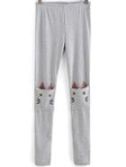 Romwe Grey Slim Cat Print Pockets Leggings