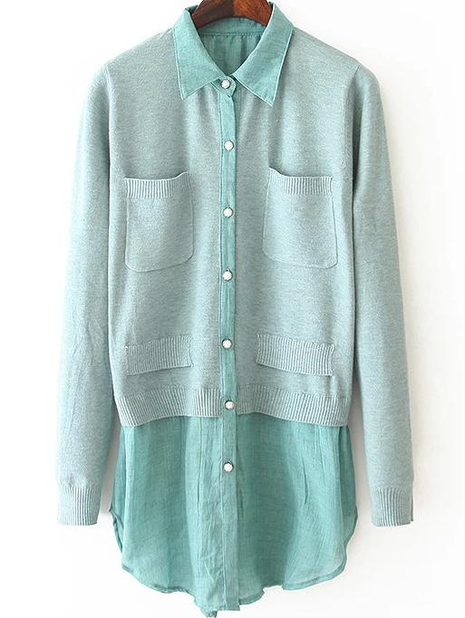 Romwe Lapel Contrast Hem Pockets Green Sweater