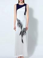 Romwe White Color Block Feathers Maxi Dress